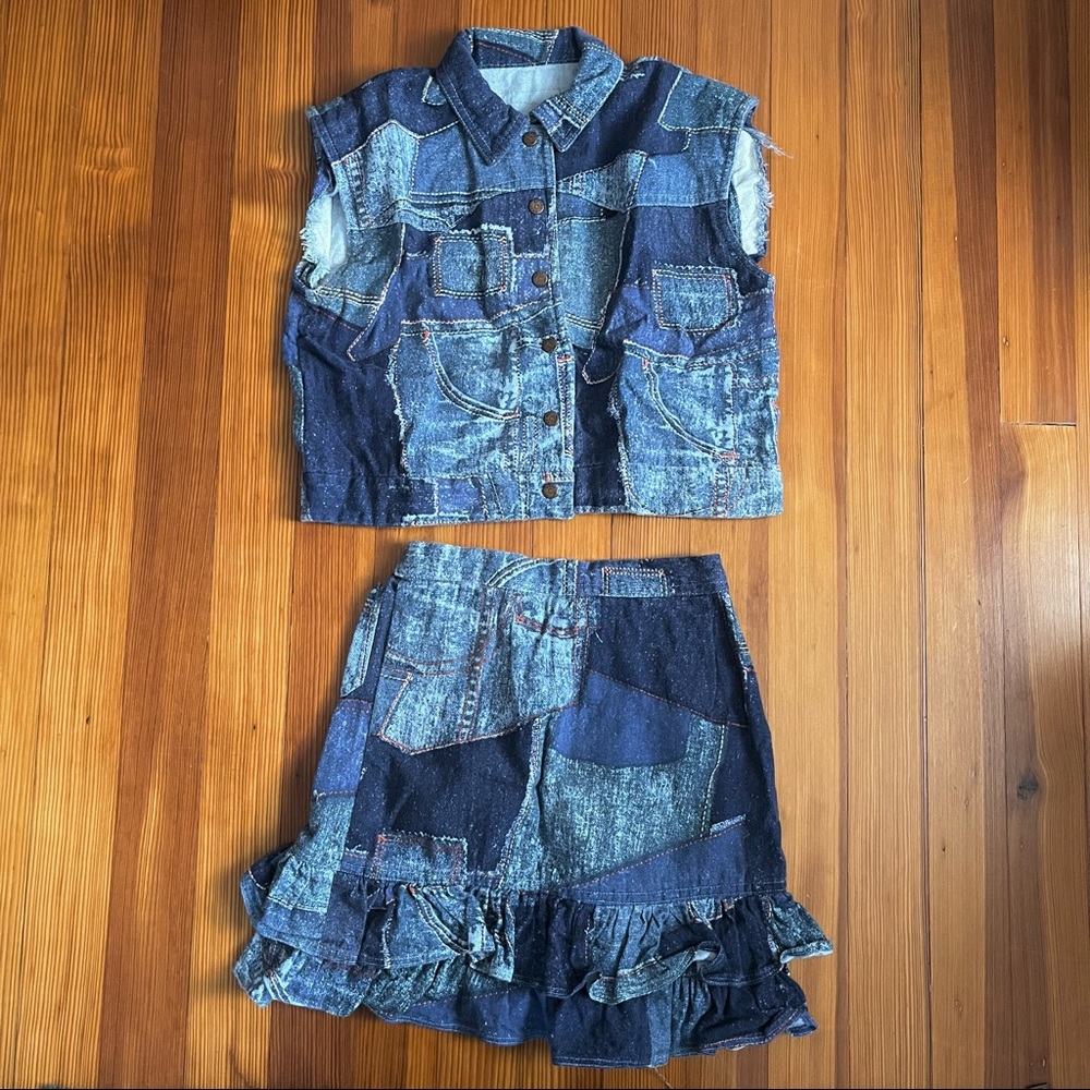 Denim patchwork vest and skirt 2 piece set vintage outfit 1980s pre-teen